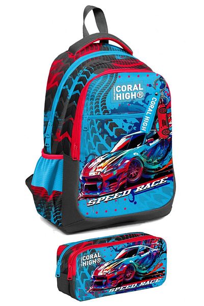 Coral High Primary School Backpack and Pen Holder Set for Boy - Gray Blue Race Car