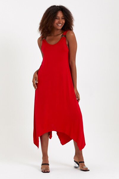 MEBA Červené letní šaty z česané bavlny s lycrovým ramínkem asymetrickým střihem