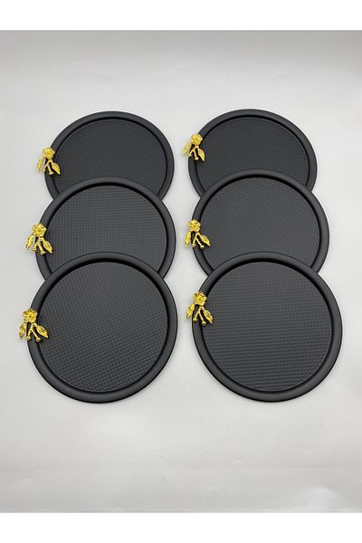 Fiyakalı Ürünler Atölyesi 6-Piece Japanese Rose Round Black Tea and Coffee Presentation Tray, Decorative Serving Tray 22cm