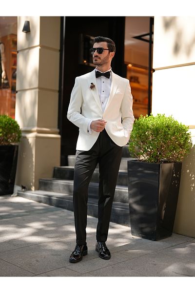 LONATOLİA Men's White Tuxedo - Groom Suit Slim Fit Italian Style Jacket and Pants Set LNTCOM2710-10