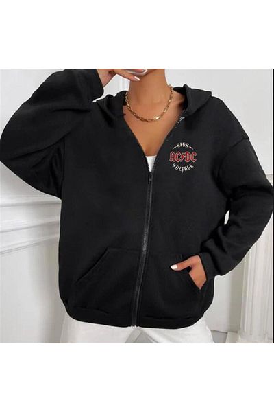 Touz Moda Ac-dc Printed Oversize Ζακέτα με φερμουάρ, Unisex, με κουκούλα