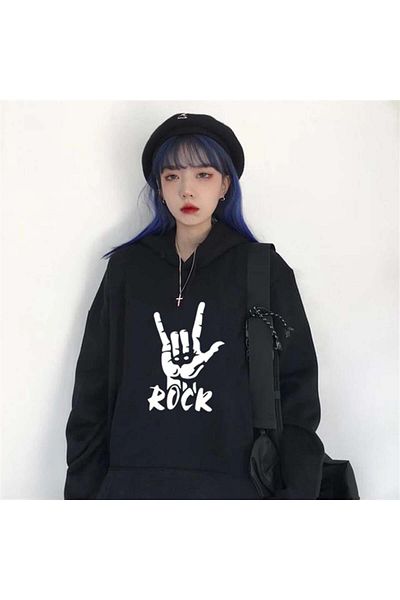 Touz Moda Rock printed Μαύρο Unisex Φούτερ με κουκούλα Oversize Φούτερ με κουκούλα