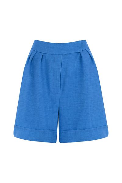 Whenever Company Blaue plissierte Shorts mit mittlerer Länge und hoher Taille aus Stoff in Leinenoptik