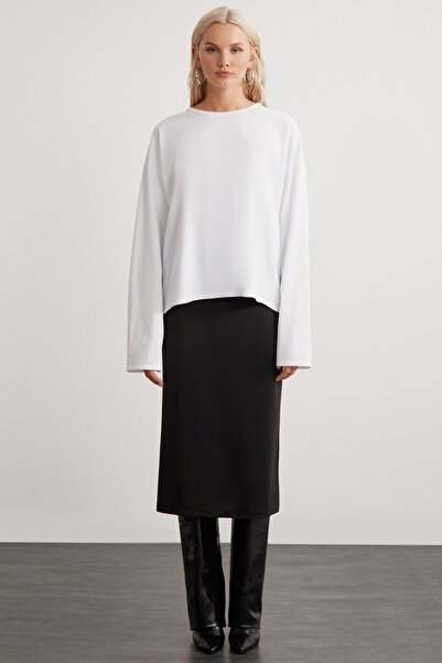 GRIMELANGE Basıl Kadın %100 Pamuk Bisiklet Yaka Oversize Fit Uzun Kollu Beyaz T-shirt