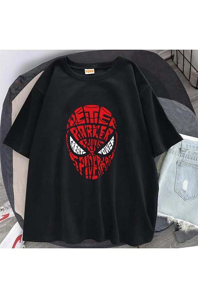 Touz Moda Dompuleri Fashion Mini Spider-man Tricou oversize unisex negru cu imprimeu