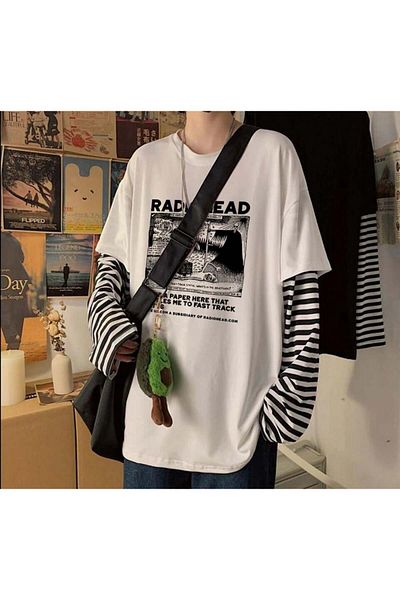 Touz Moda تي شيرت أبيض مطبوع للجنسين من Radiohead - أكمام مزيفة