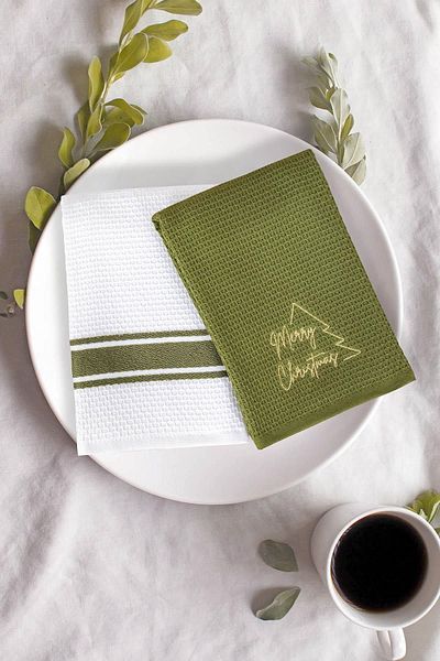 Ecocotton Кърпи за сушене Elvin с новогодишна тематика, 2 броя, 100% органичен памук, специално тъкани, бродирани, зелено-кремави, 40x60