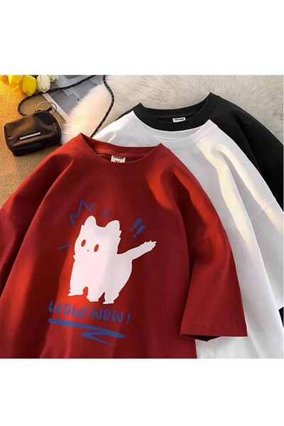 Touz Moda Wow Cat Printed Red Unisex Oversize T-shirt