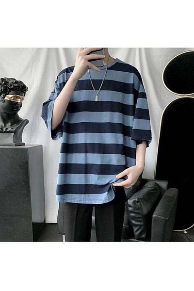 Touz Moda Tricou oversize unisex cu dungi albastre negre