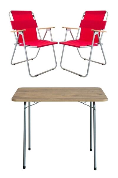 Bofigo 60x80 Çam Katlanır Masa + 2 Adet Katlanır Sandalye Kamp Seti Bahçe Balkon Takımı Kırmızı