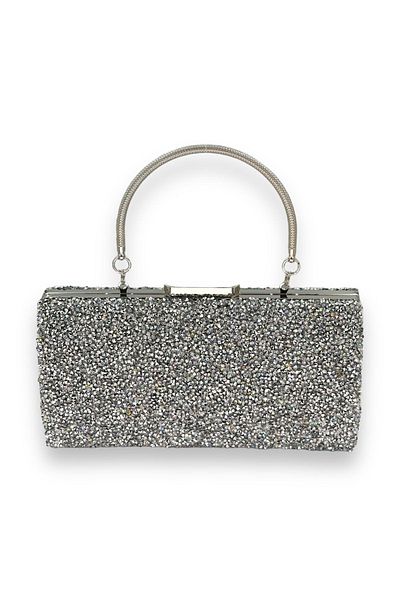 MidStore Silver Gray Lame Color Jewelled Metal Handle Large Size Evening Dress Evening Bag Engagement Wedding Invitation Prom