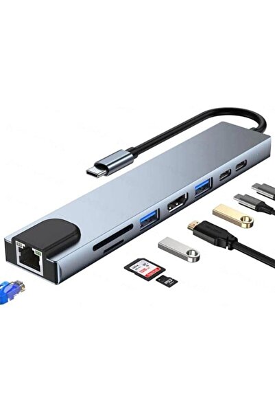 Store 8in1 USB Type-C Hub Port Adaptör HDMI USB Ethernet PD Girişli, Gri