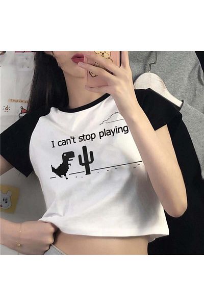 Touz Moda Dinosaur Game Printed Raglan Sleeve White Crop