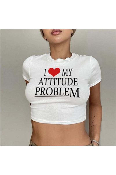 Touz Moda White Crop - I Love My Attitude Printed