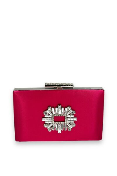 Generic Brand Fuchsia Pink Color Satin Crystal Stone Evening Dress Bag Evenin...