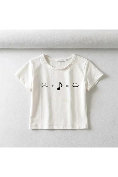 Touz Moda Music Equals Happiniess Printed White Crop
