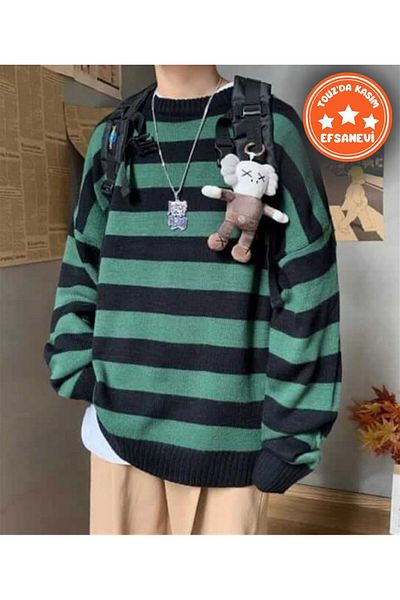Touz Moda Touz Green Black Striped Unisex Oversize Streetwear Sweater - 23515
