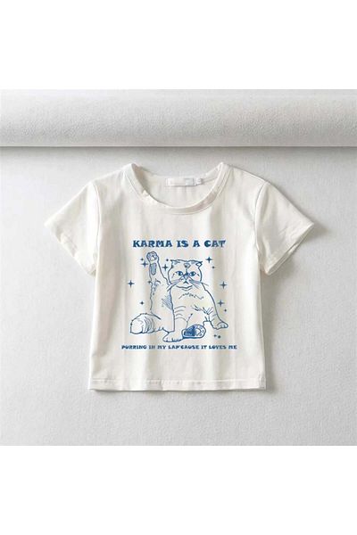 Touz Moda Karma Is A Cat Printed White Crop