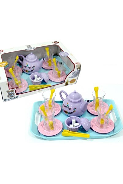 TURKAFONE Oyuncak İnce Belli Çay Bardağı Çay Vakti Tepsili Çaydanlık Oyun Set...