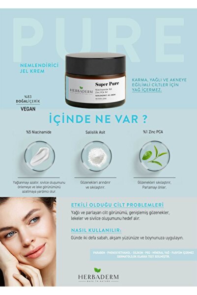 Herbaderm Super Pure Sivilce Karşıtı Niacinamide + Zinc Pca Nemlendirici Jel Krem