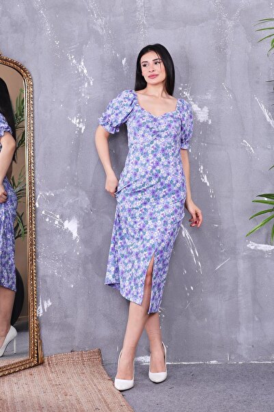 ZEYWEAR Karpuz Kol Çiçekli Elbise
