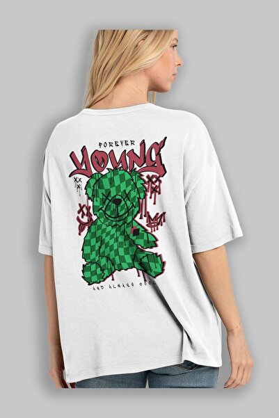 Ankhises Unisex bela Oversize kroj T-shirt - Mladi, kul medved leđa Štampano,...