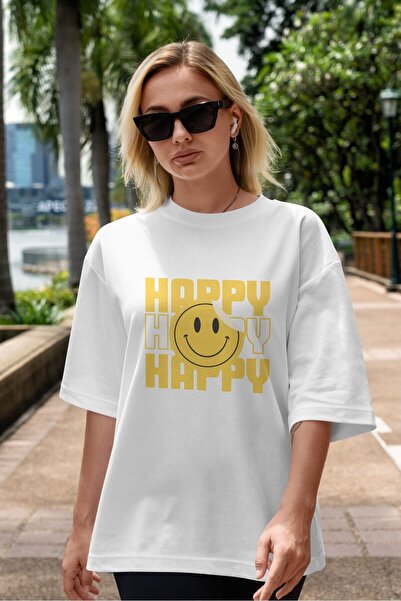 Ankhises Tricou oversize alb cu imprimeu în față Happy Smile, bărbați, femei, cu guler rotund