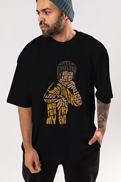 Ankhises تي شيرت بروس لي أسود كبير الحجم مطبوع من الأمام للجنسين للرجال والنس...