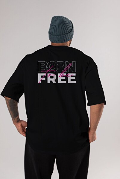 Ankhises Tricou supradimensionat negru cu imprimeu pe spate Born to be Free Bărbați, femei, cu gât crepus
