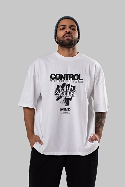 Ankhises Kontrolišite svoj um Prednja strana Štampano Bela Oversize kroj T-sh...