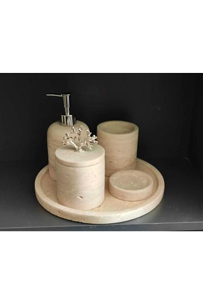 ege gross Decorative Travertine Marble Bathroom Set Set of 5 Accessory Detailed Design Set