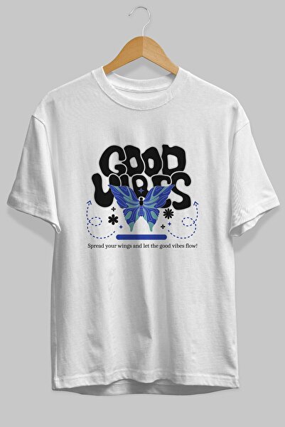 Ankhises Dobre vibracije Napisano 4 Prednja Štampano Bela Oversize kroj T-shi...