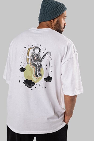 Ankhises Tricou oversize alb cu imprimeu pe spate astronaut pescuit unisex bă...