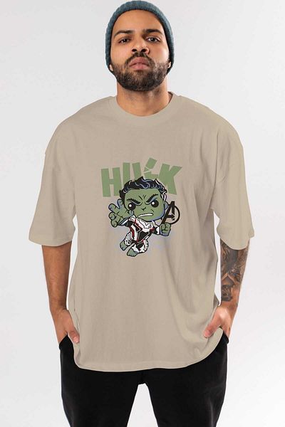 Ankhises Hulk (8) Μπροστινό εμπριμέ μπεζ υπερμεγέθη βαμβακερό μπλουζάκι - Crew Neck