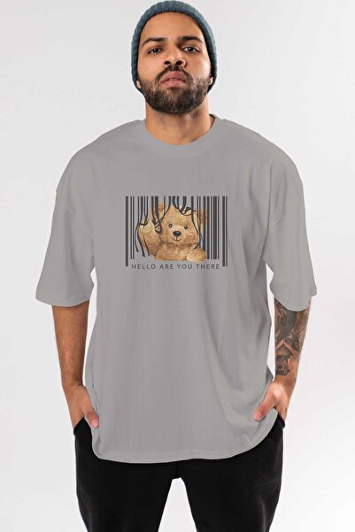 Ankhises Teddy Bear Hello μπροστινό εμπριμέ γκρι μπλουζάκι υπερμεγέθη Unisex ανδρικό γυναικείο λαιμόκοψη