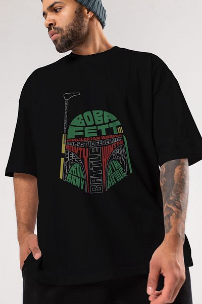 Ankhises Tricou supradimensionat negru cu imprimeu în față Boba Fett, unisex, pentru bărbați, pentru femei, cu decolteu