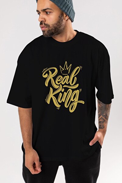 Ankhises Tricou supradimensionat negru cu imprimeu Real King, unisex, bărbați...