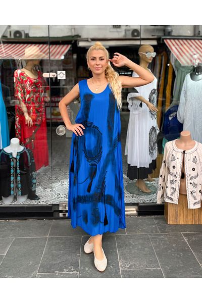 Sosyete Kaplumbağa Authentic Voile Cotton Embroidery And Handcrafted Painting Parliament Blue Maxi Dress