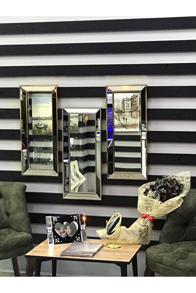 Özcam Ayna Ve Çerçeve 3'lü Dekoratif Duvar Salon Ofis Çerçeveli Ayna Altın 30x75