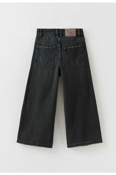 Kids Girl's Black Ripped Detailed Slim Fit Denim Wide Leg Trousers with Slits at the Leg