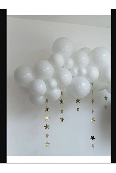 PartAntalya Bulut Konseptli Yıldız Süslü Beyaz Balon Set Gold Renk Yıldız Ip Süs