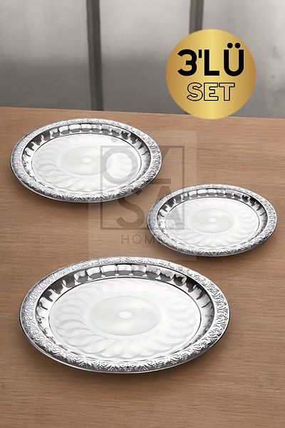 ÖzSa Home Stainless Steel Patterned 3-Piece Round Tea Tray - Brown 36-40-44 cm