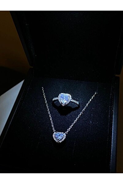 DMR Accessoire Işıklı şık kutuda çelik kalpli kolye yüzük seti sevgililer gün...