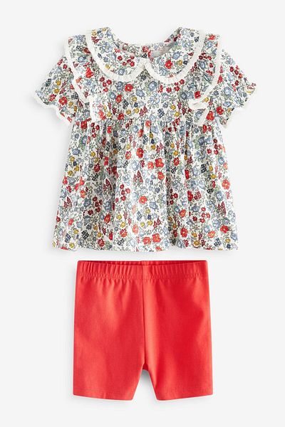 Next Baby Red Ditsy Floral Patterned 100% Cotton Short Sleeve Tights Set