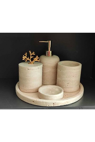 ege gross Διακοσμητικό Σετ Μπάνιου Travertine1 Marble Σετ 5 τεμαχίων Αξεσουάρ Λεπτομερές Σετ Σχεδιασμού