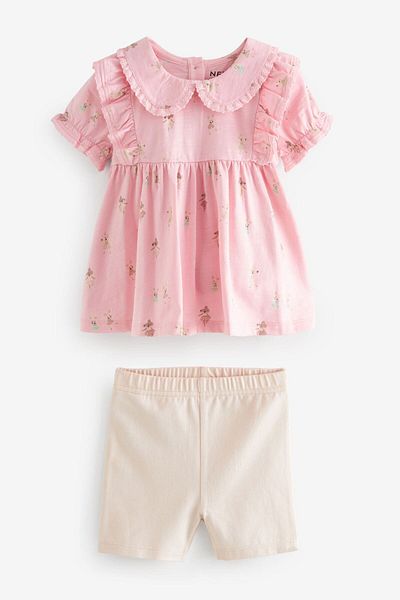 Next Baby Pink Mouse Patterned 100% Cotton Short Sleeve Tights Set
