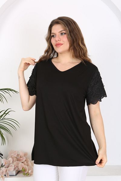 LİKRA FlexiBle Viscose Women's Blouse - Plus Size, Scallop Detail, Blue