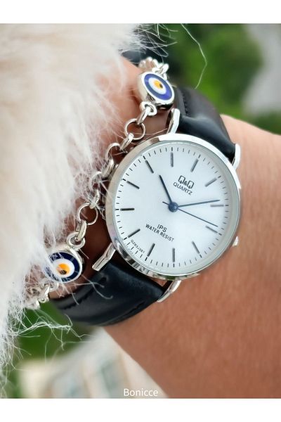 Q&Q Silver Wristwatch Bracelet with Black Retro Leather Band - Polite Brand