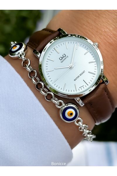Q&Q Retro Pink Leather Corded Silver Case Polite Women's Wristwatch and Bracelet Set