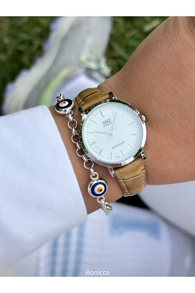 Q&Q Retro Pink Leather Corded Silver Case Polite Women's Wristwatch and Bracelet Set